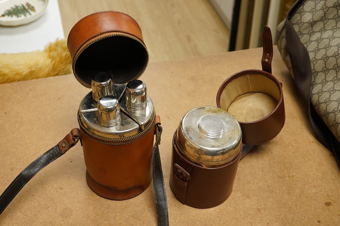 Two silver plate mounted flasks in cases to include a three sectioned example, largest 19cm high